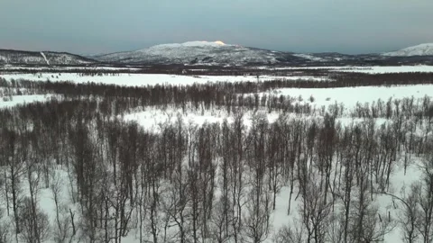 Drone captured aerial view shows a vast frozen landscape in Norway, highlighting Stock Footage 330376551