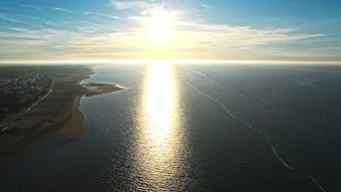 Drone captured sunset over Sanlucar de Barrameda, Andalusia. Spain. Stock Footage 262097873