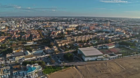 Drone captured sunset over Sanlucar de Barrameda, Andalusia. Spain. Stock Footage 262098684