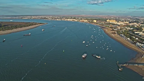Drone captured sunset over Sanlucar de Barrameda, Andalusia. Spain. Stock Footage 262099245