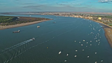 Drone captured sunset over Sanlucar de Barrameda, Andalusia. Spain. Stock Footage 262099410