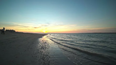 Drone captured sunset over Sanlucar de Barrameda, Andalusia. Spain. Stock Footage 262349147