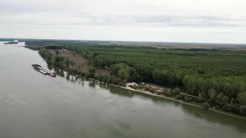 Drone captures a barge sailing on Danube river in Serbia and woods on riverbank Stock Footage 269540283