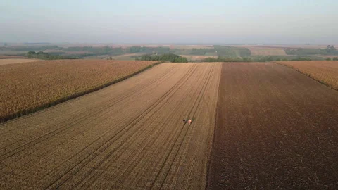Drone captures beautiful agricultural fields in golden hour Stock Footage 262757601