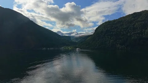 Drone captures boat close to Eidsdal in scenic Storfjord, Norway Video stock 320950529