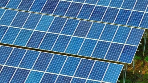 The drone captures an expansive field of solar panels. Stock Footage 306140054