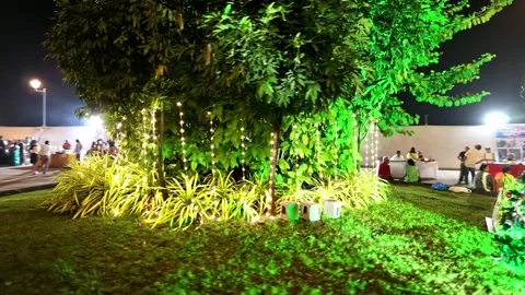 Drone captures glowing event beside garden lawn Stock Footage 311623988
