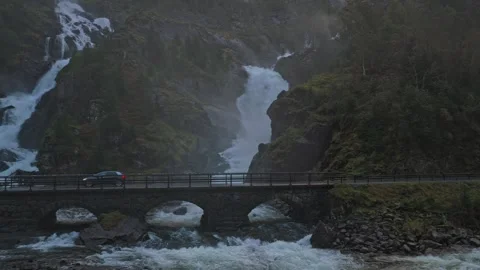Drone captures Latefossen waterfall in dramatic mountain landscape Stock Footage 320244732