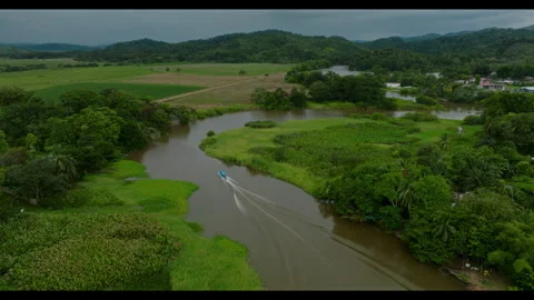 Drone Captures Lush Wetland View. Vast Estuary And Hillscape From Above. Aerial Stockbeeldmateriaal 336060652