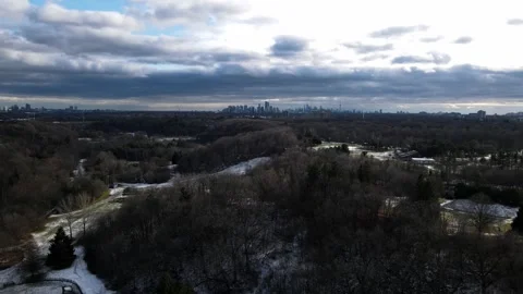 Drone Captures Mix of Forest and High Rises in Snowy Landscape Stock Footage 295916684