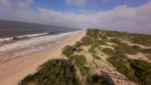 Drone captures sandy shore, ocean surf, and coastal vegetation Video stock 345059500