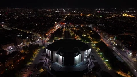 Drone Captures Sofia City Center Nightscape Approaching National Palace of Stock Footage 322559811