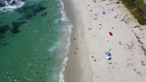 Drone captures sunbathers on a La Jolla beach on a sunny San Diego summer day Stock Footage 97973003