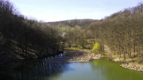 Drone captures a surface of the lake Bela reka bordered with barren trees under Stock Footage 261853243