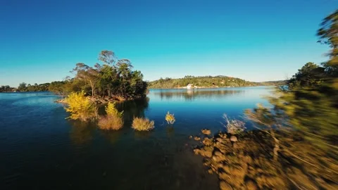 Drone captures tranquil river bordered by dense, colorful autumn forest Stock Footage 342270574