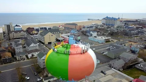 Drone captures water tower and beaches and bays in south Ocean City Maryland Stock Footage 89449121