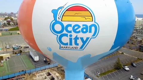 Drone captures water tower and beaches and bays in south Ocean City Maryland Stock Footage 89452598