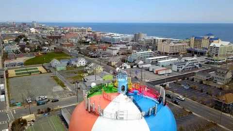 Drone captures water tower and beaches and bays in south Ocean City Maryland Stock Footage 89454232