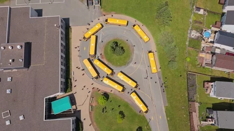 Drone Captures Yellow Buses Parked Outside School As Children Exit In Halifax Stock Footage 314465027