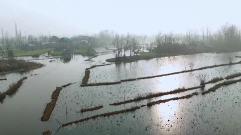 Drone capturing the silent mist rolling over the frozen interiors of Dal Lake at Stock Footage 311020448