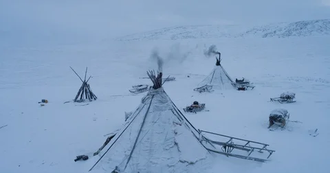 Drone capturing the yurts closeup in the evening in middle of Arctic , many Stock Footage 112084890