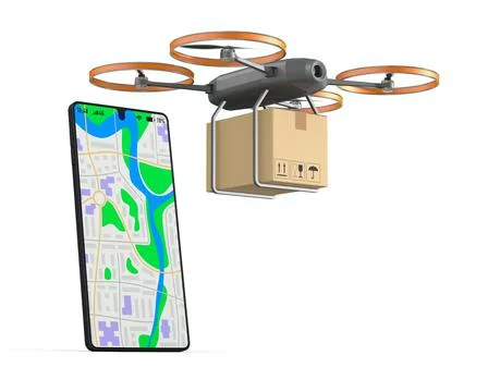 Drone with cargo box and navigation into phone on white background. Isolated  Illustrazione stock