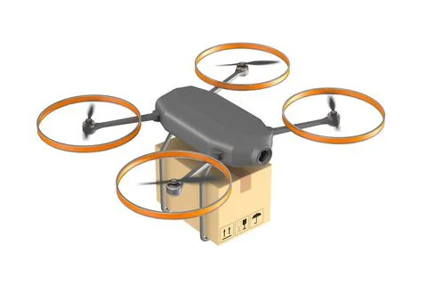 Drone with cargo box on white background. Isolated 3d illustration Illustrazione stock