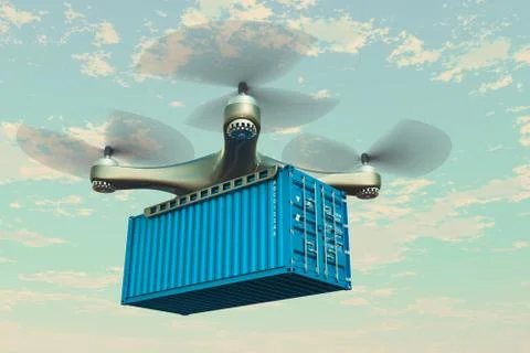 Drone with cargo container in the blue sky, 3D rendering Stock Illustration
