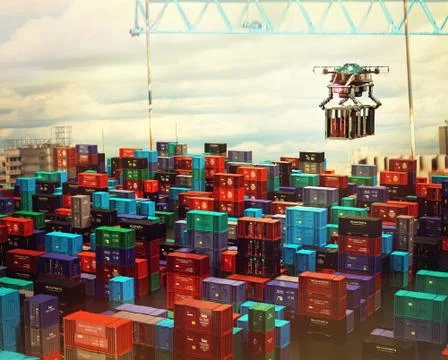 Drone cargo with container freight above city futuristic depot. Stock Illustration