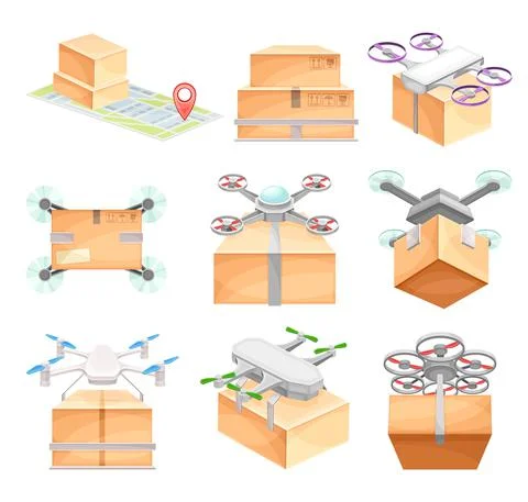 Drone carrying parcel boxes to customers set. Modern express delivery air Stock Illustration