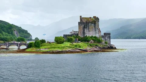 Drone castle Scotland. Eilean Donan castle in Isle of Skye. Historic Travel UK 스톡 동영상 256360152