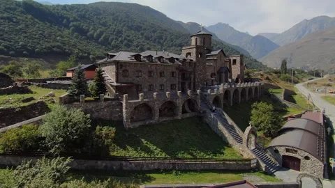 Drone Caucasus alpine stone ancient male monastery North Ossetia church scenery  Stock Footage 150991866