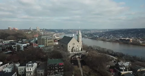Drone of church by Ohio River Stock Footage 147465663
