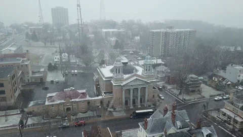 Drone of Church while snowing Stock Footage 125833673