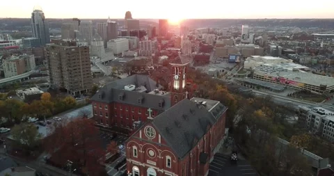 Drone Cincinnati Sunset with Monastery Event Center Stock Footage 148499623