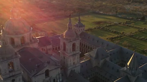 Drone Cinematic El Escorial Monastery During Sunrise. Spain 4K Video Stock Footage 288092999