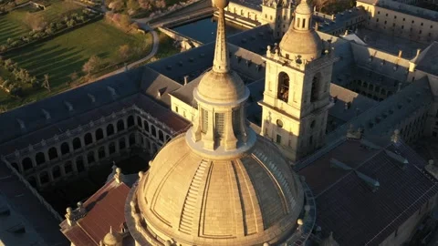 Drone Cinematic El Escorial Monastery During Sunrise. Spain 4K Video Stock Footage 288093004