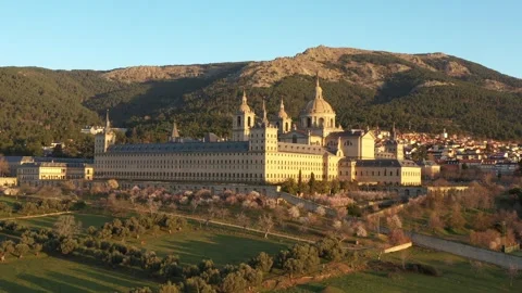 Drone Cinematic El Escorial Monastery During Sunrise. Spain 4K Video Stock Footage 288093010