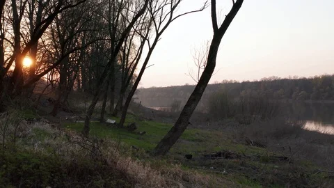 Drone cinematic flying behind trees and capturing sunset over the river Stock Footage 127570445