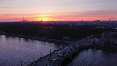 Drone cinematic hyperlapse video of Saint-Petersburg City. Sunset. Bridge. Video stock 154463285
