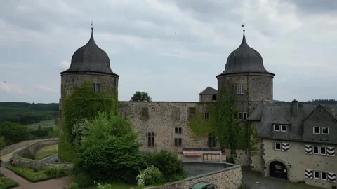 Drone circle and crash at Sleeping Beauty's castle Stock Footage 251745836