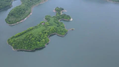 Drone Circle Around Forest Island in Reservoir Zhejiang China Video stock 330457773