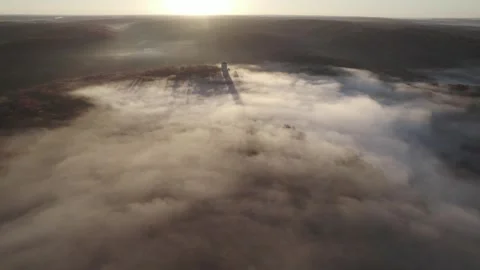 Drone Circle Around Magical Castle Foggy Moody Morning. Dense Fog Stock Footage 256172284