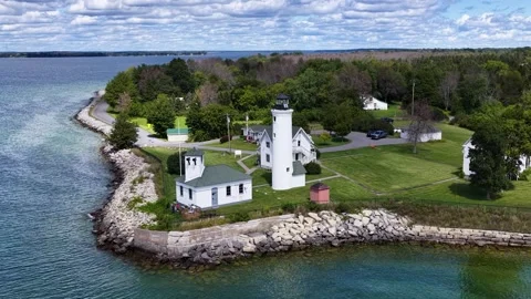 Drone Circle of Tibbets Point Lighthouse in Cape Vincent New York at the 動画素材 345101304