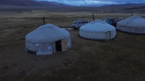 Drone Circles Around 3 Mongolia Gers Stock Footage 317928043