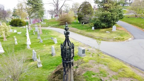 Drone circles Gothic graveyard monument Greenwood Cemetery Stock Footage 129276221