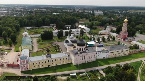 Drone circling above monastery complex Video stock 325439136