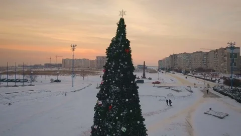 Drone circling around the Christmas tree in the central square at sunset.Ukraine Stock Footage 71457741