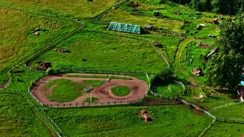 Drone circling an empty horse riding arena and paddocks on a green farm Stock Footage 343736665