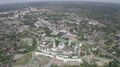 Drone circling high above monastery and city Video stock 332018911
